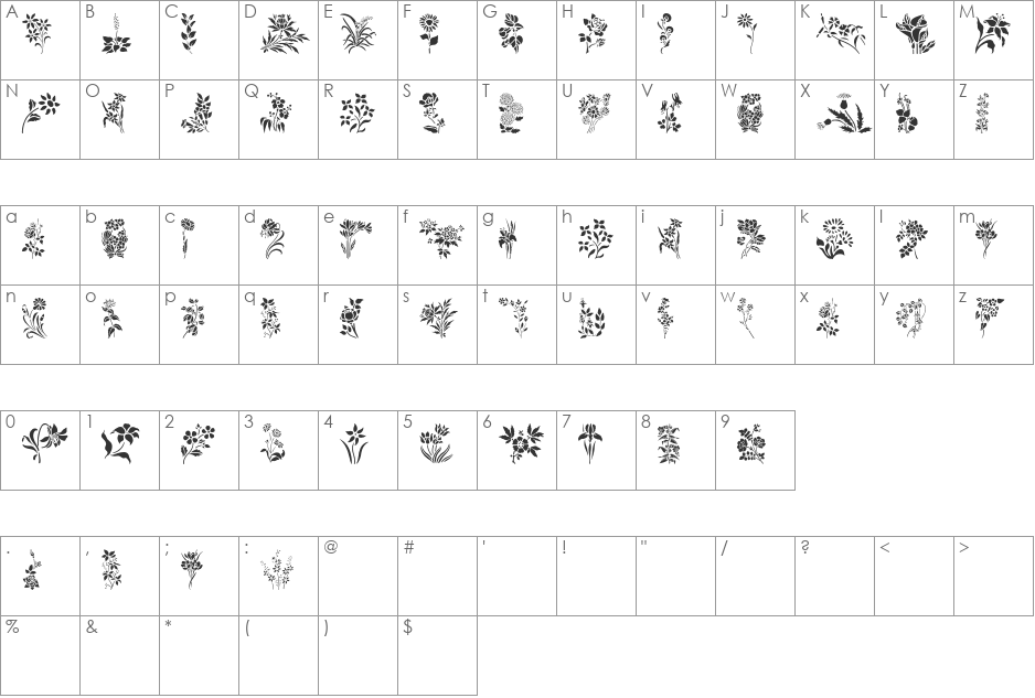 HFF Floral Stencil font character map preview