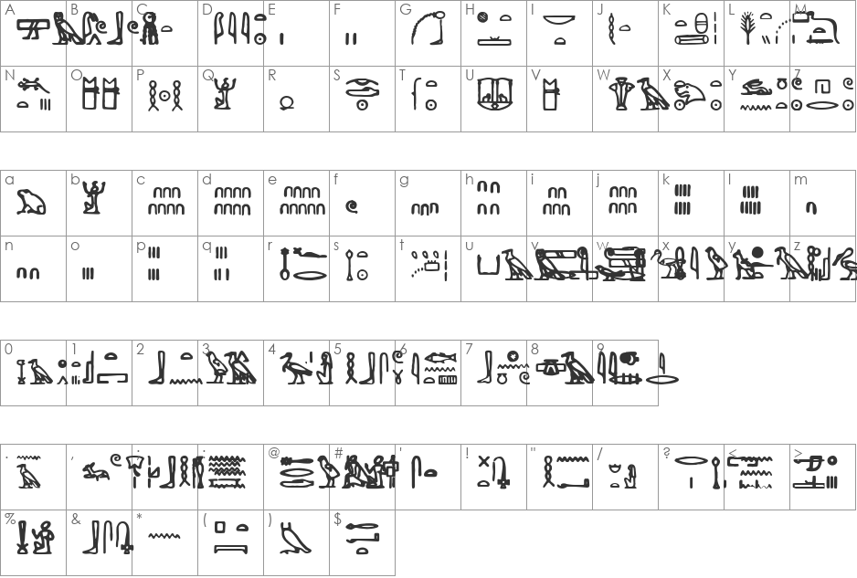 Hieroglyph font character map preview