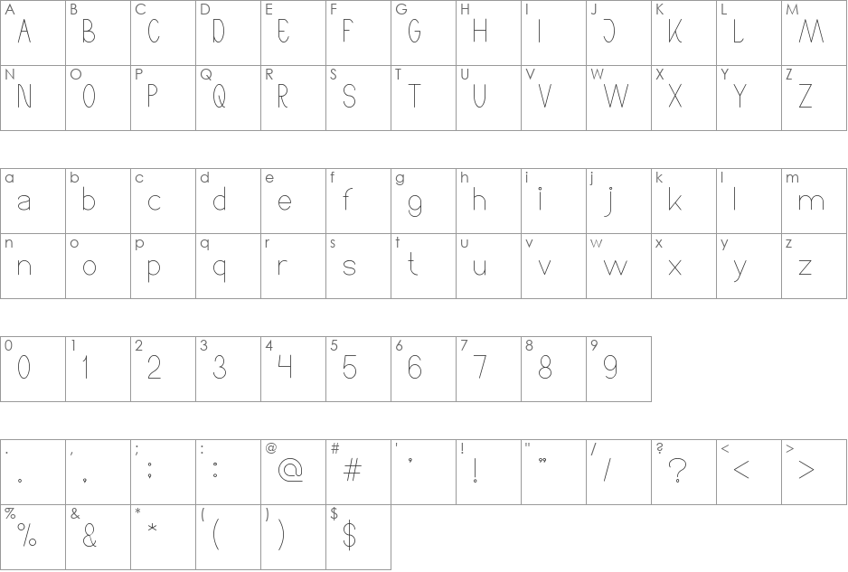 High Thin LIGHT font character map preview