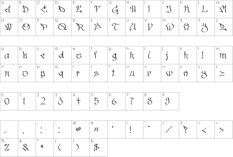 Hinterwelt font character map preview
