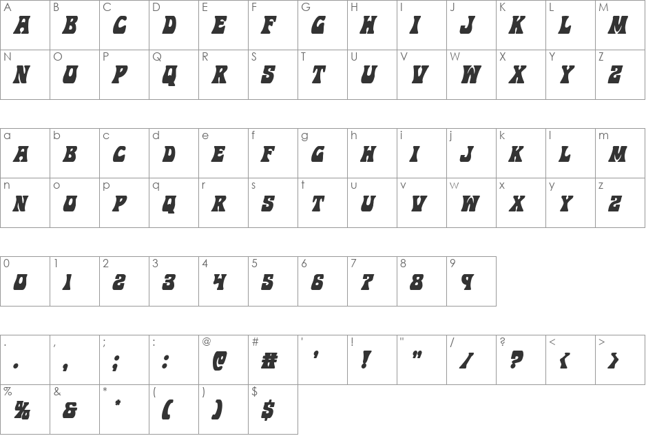 Hip Pocket Condensed Italic font character map preview