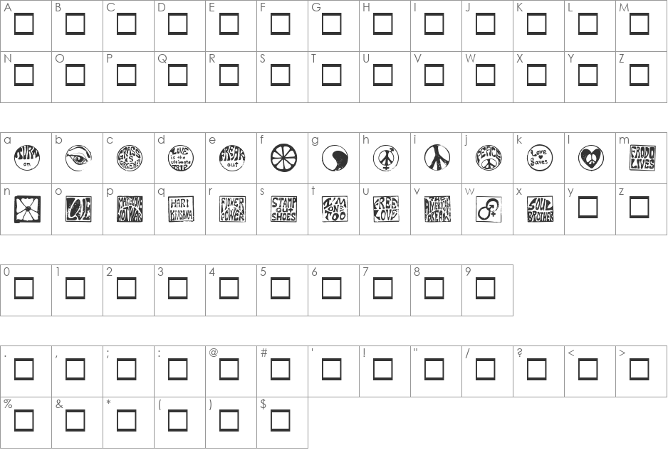 Hippy Stamp font character map preview