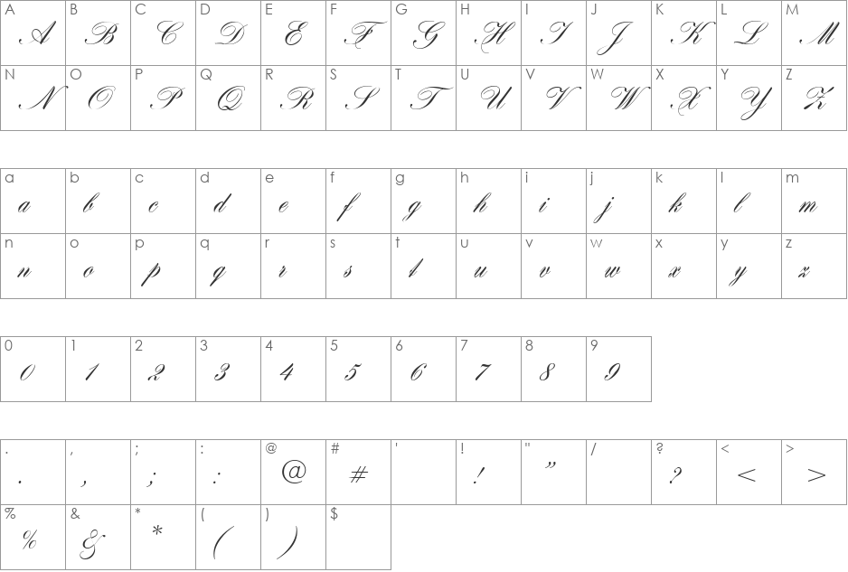 Hogarth script font character map preview
