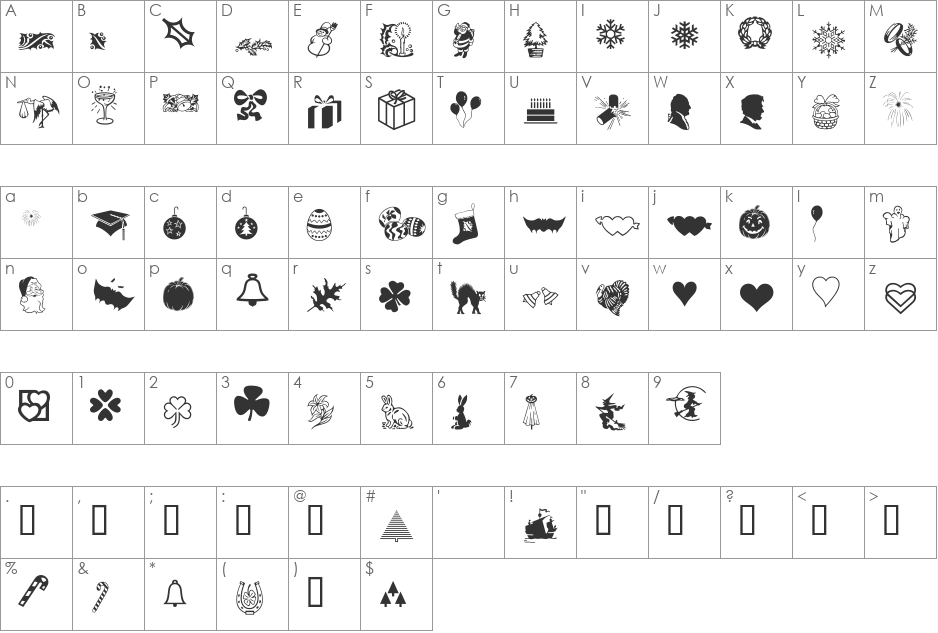 Holidays font character map preview