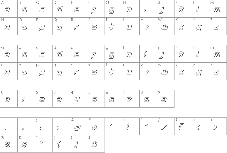 Hollow Point 3D Italic font character map preview