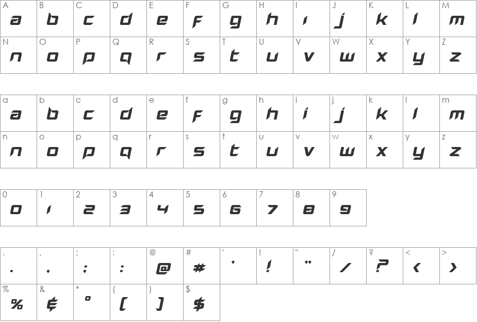 Hollow Point Expanded Italic font character map preview