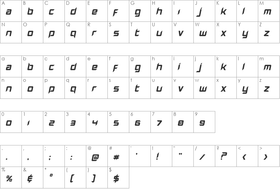 Hollow Point Italic font character map preview