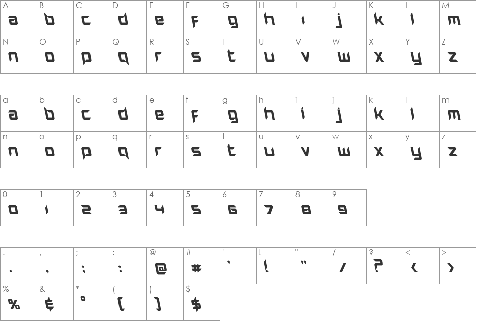Hollow Point Leftalic font character map preview