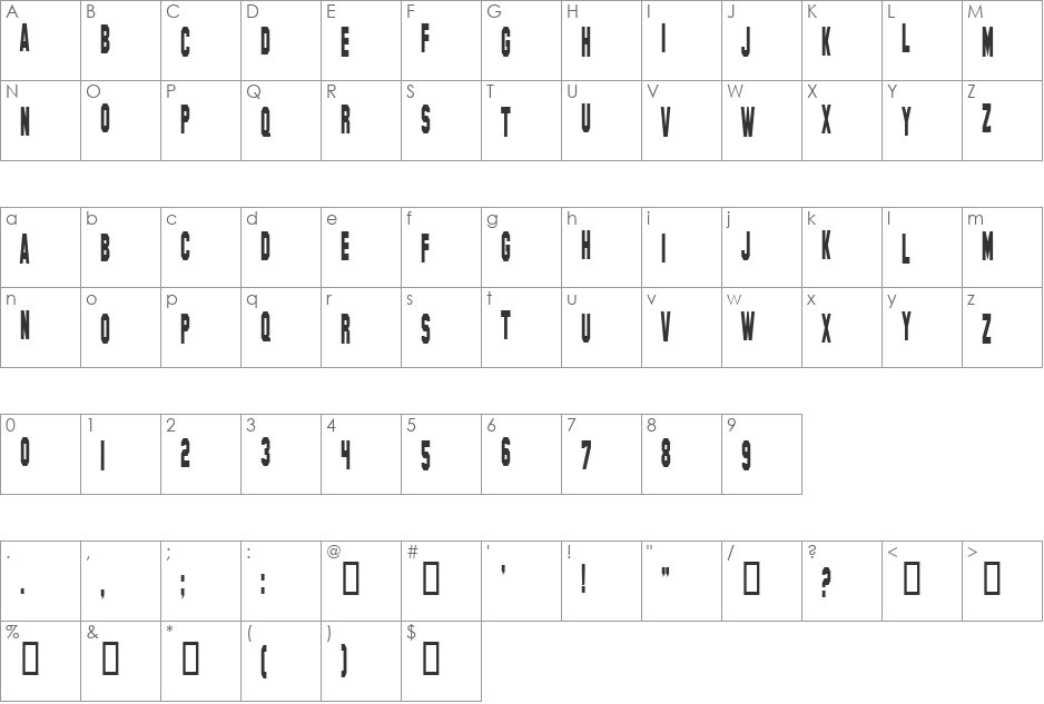 Hollywood Hills Condensed font character map preview