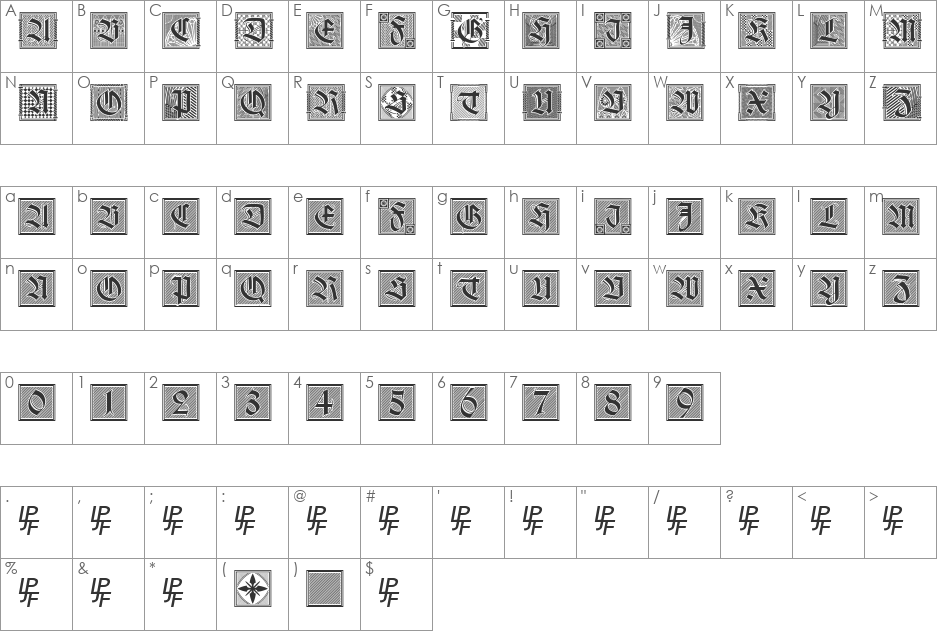 Holzschnitt-Initialen font character map preview