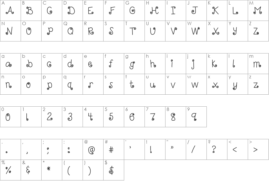 HomegirlCurlUp font character map preview