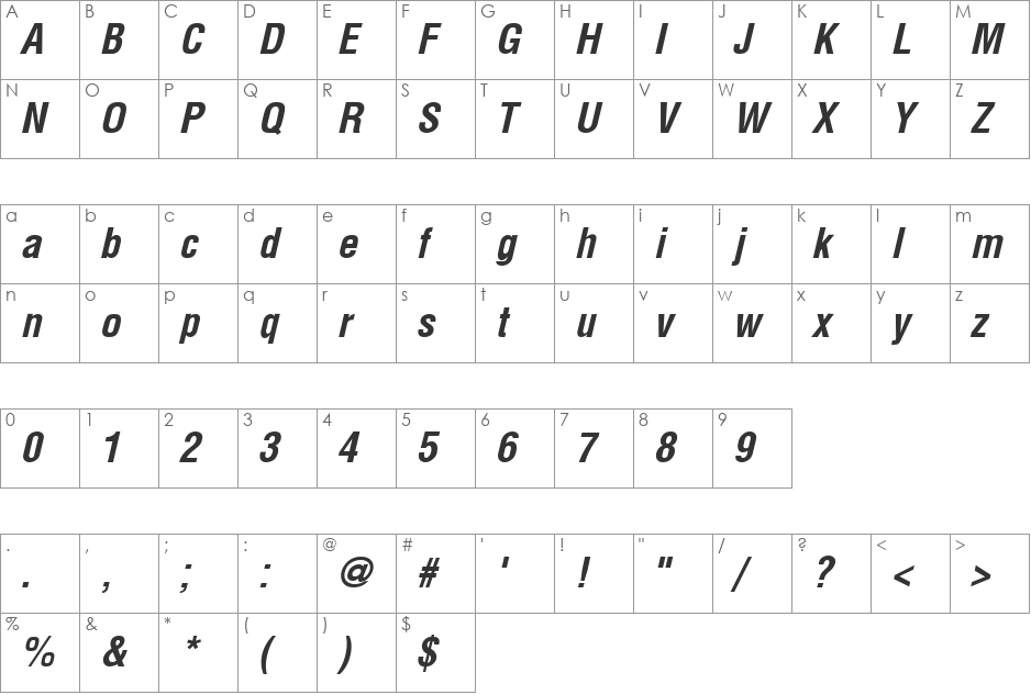 Arena Condensed font character map preview