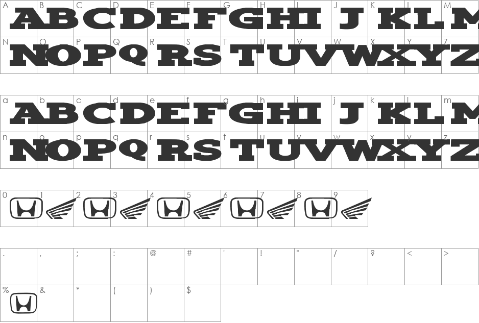 Hondafont font character map preview