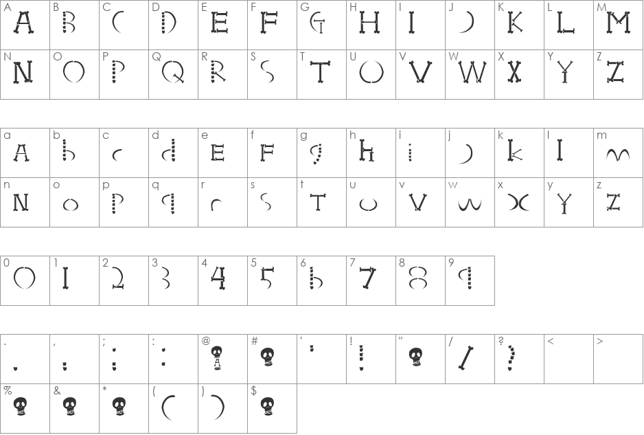 HONEBONE Ukokkei font character map preview