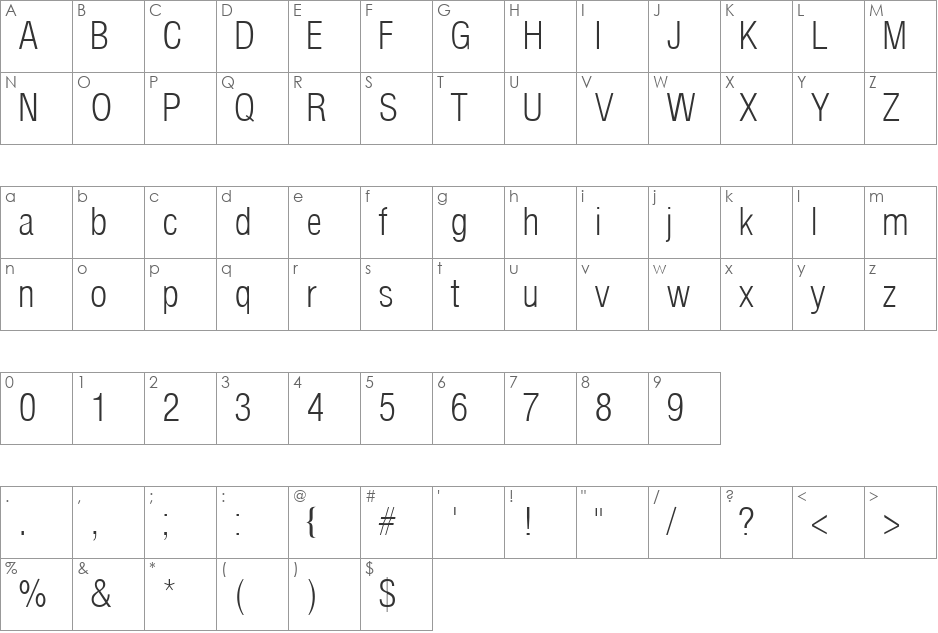 Arena Condensed Light font character map preview