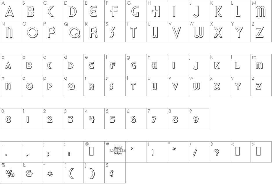 Honest John's font character map preview