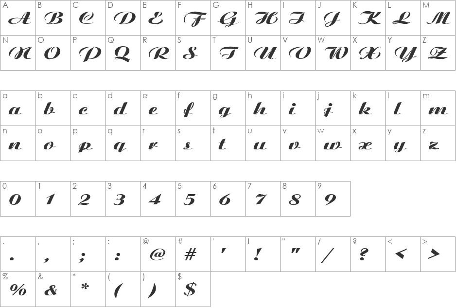 Honeymoon 1 font character map preview