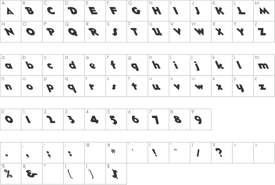 Hotshot Lefty font character map preview