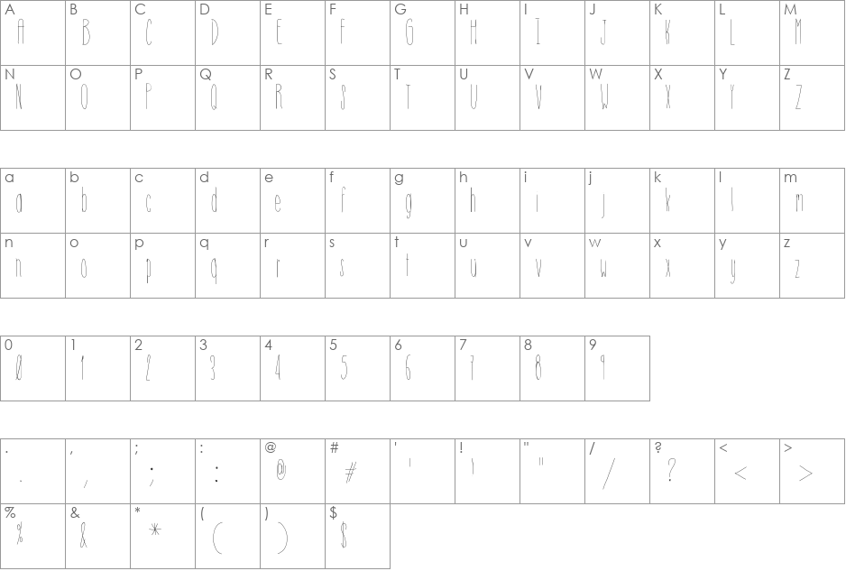 HsfSkinnyTowers font character map preview