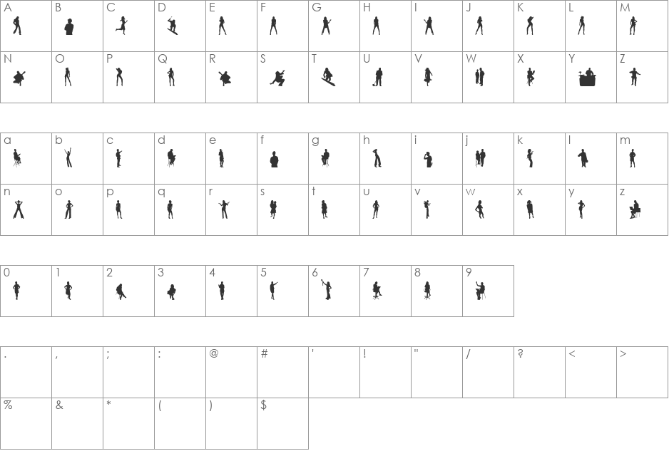 Human Silhouettes Free font character map preview