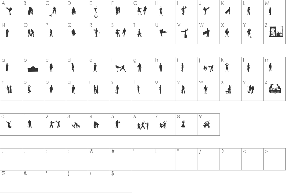 Human Silhouettes Eight font character map preview
