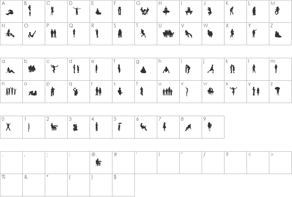 Human Silhouettes Four font character map preview