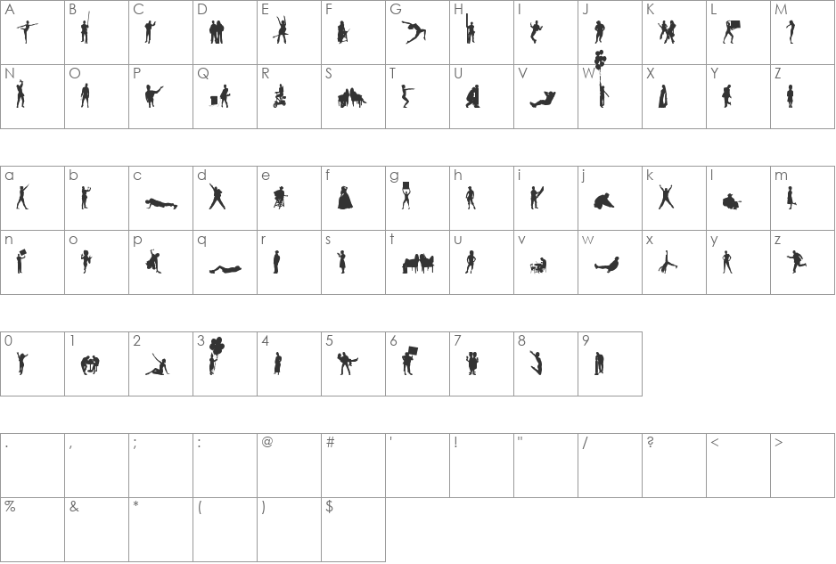 Human Silhouettes Three font character map preview