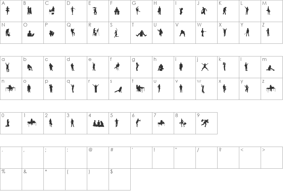 Human Silhouettes Two font character map preview