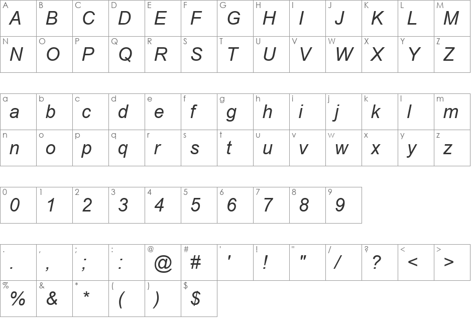 Arial font character map preview