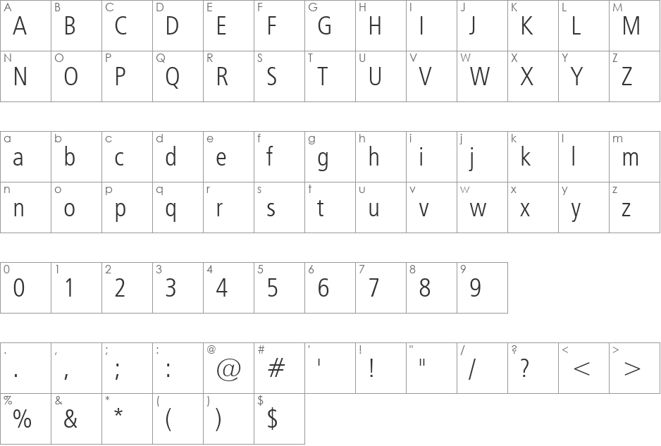 Humnst777 LtCn BT font character map preview