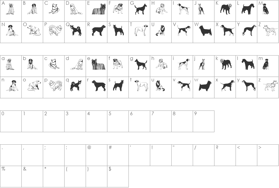 HundeDogsChiens font character map preview