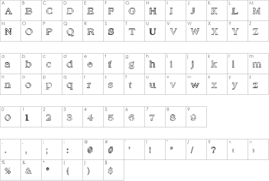 Hungover Outline font character map preview