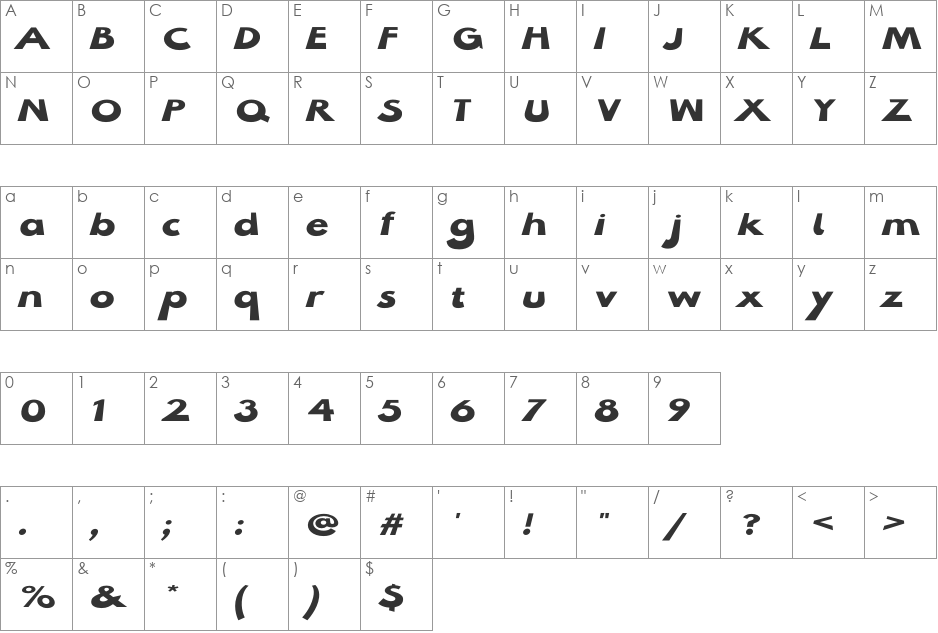 Hussar Milosc font character map preview