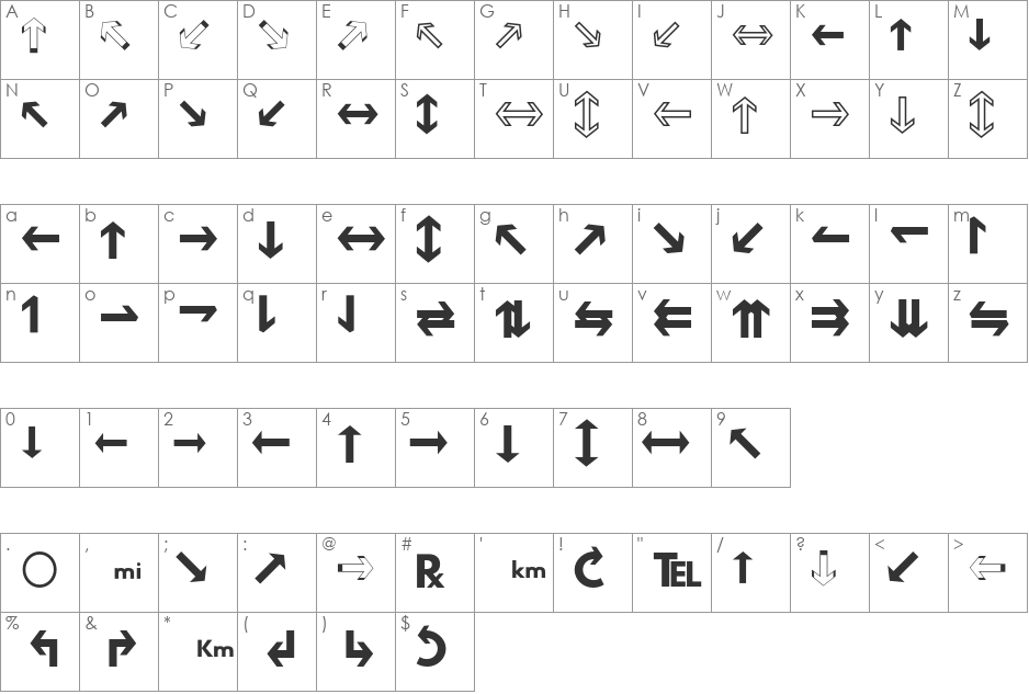 Hussar Motorway font character map preview