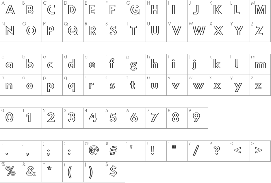 Hussar Outliner font character map preview