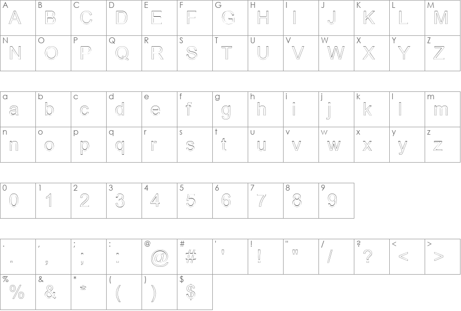 Arialic Hollow font character map preview