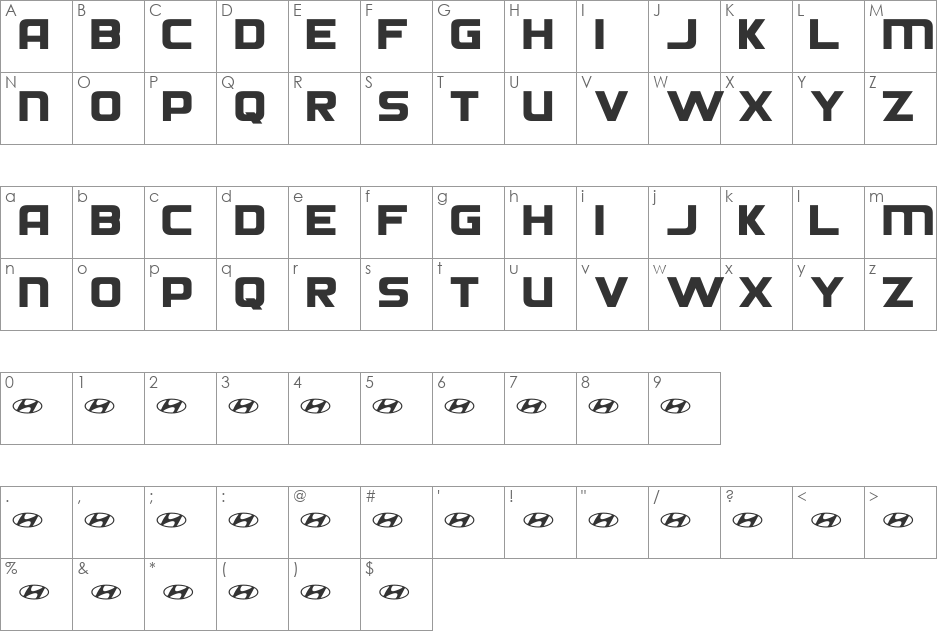 Hyundai font character map preview
