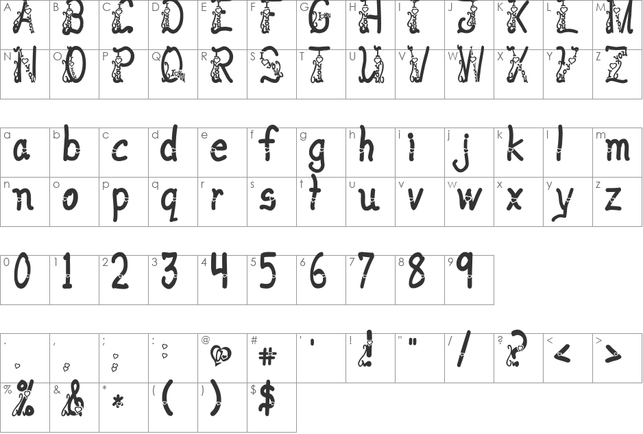 I love you ABC 123 font character map preview