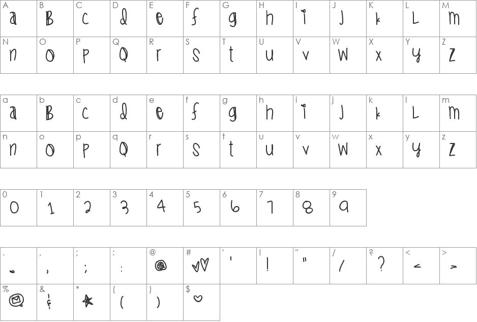 ICantStopThinkinOfYou font character map preview