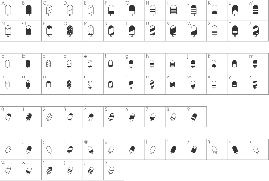 Ice Lolly Ding font character map preview