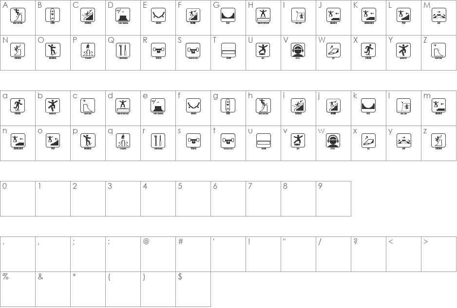 ICONOS SKATE font character map preview