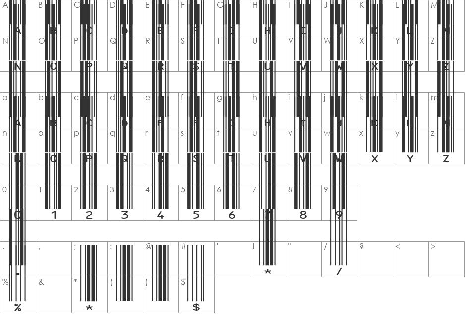IDAHC39M Code 39 Barcode font character map preview