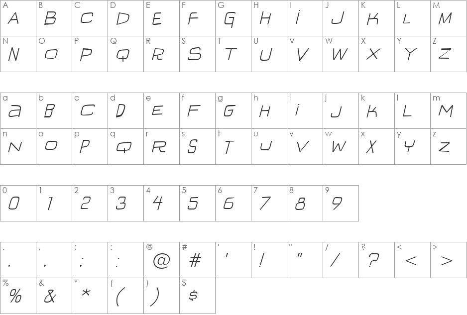 IguanaLover BTN Lt font character map preview