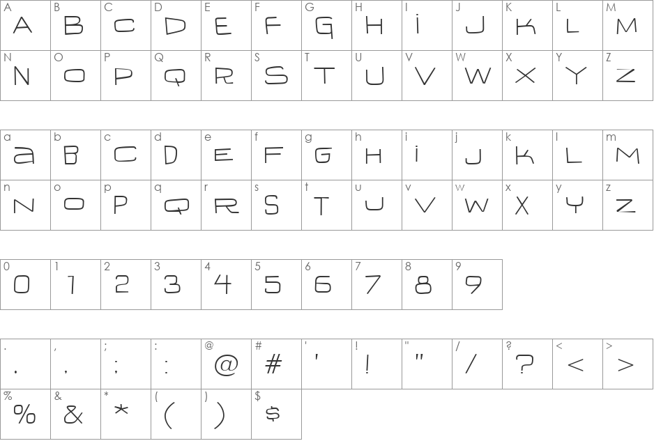 IguanaLover BTN Wide Lt font character map preview