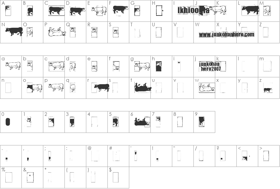 IKHIOOGLAcow font character map preview