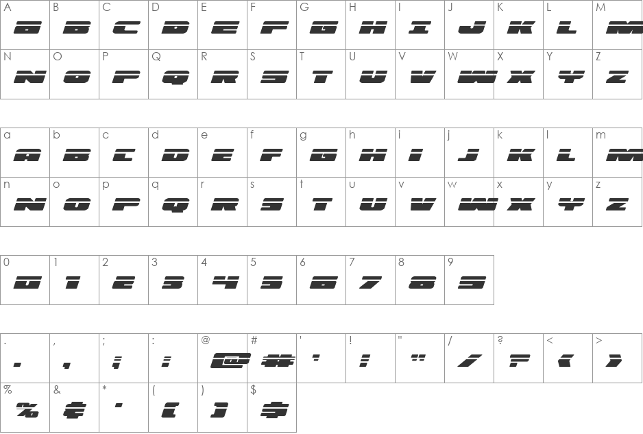 Illumino Laser Italic font character map preview