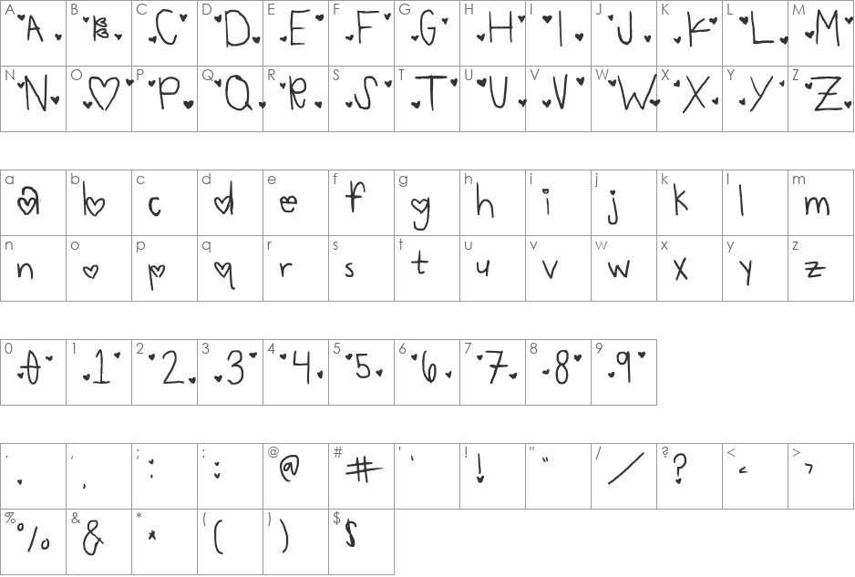 imperfect heart font character map preview