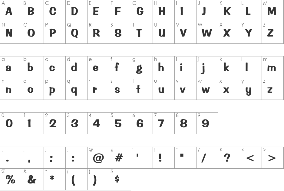 Impressed Bold font character map preview