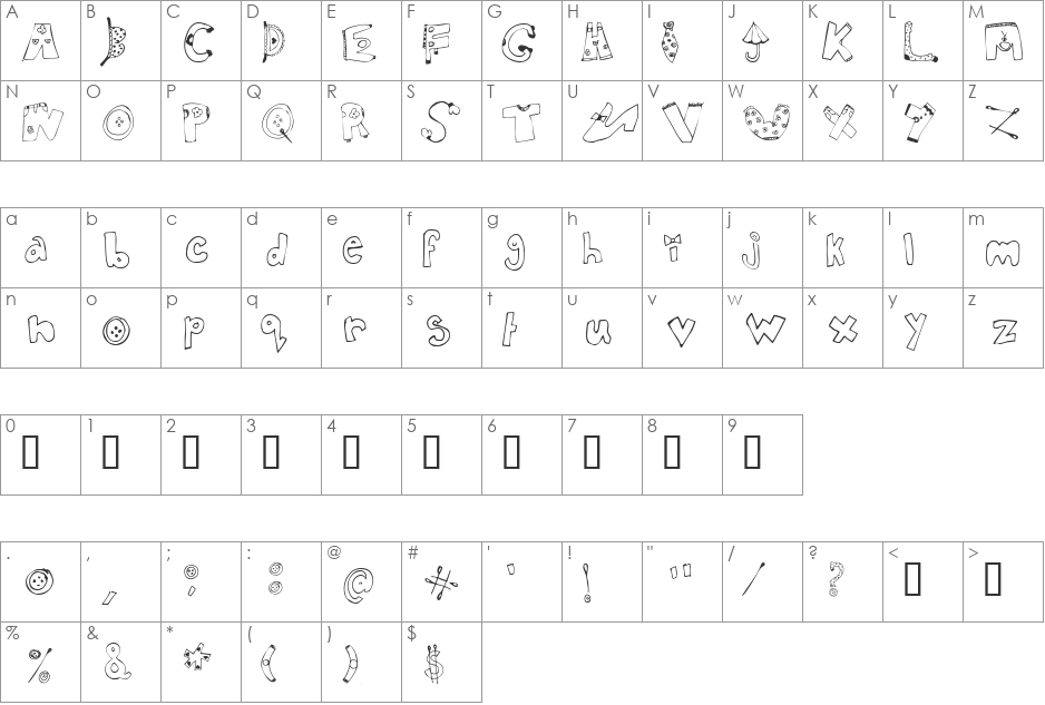 In My Closet font character map preview