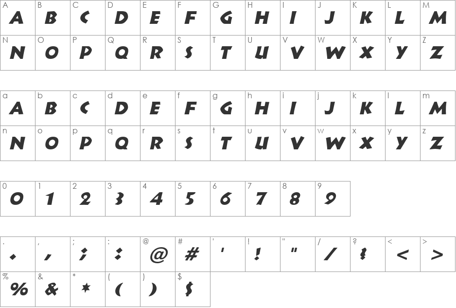 Indy font character map preview